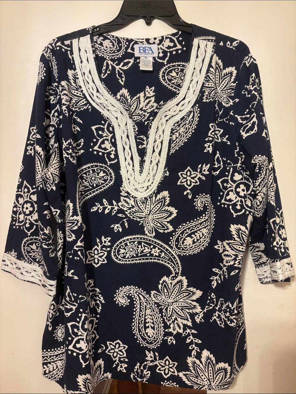 FA Navy & White Paisley Blockade Trim Tunic